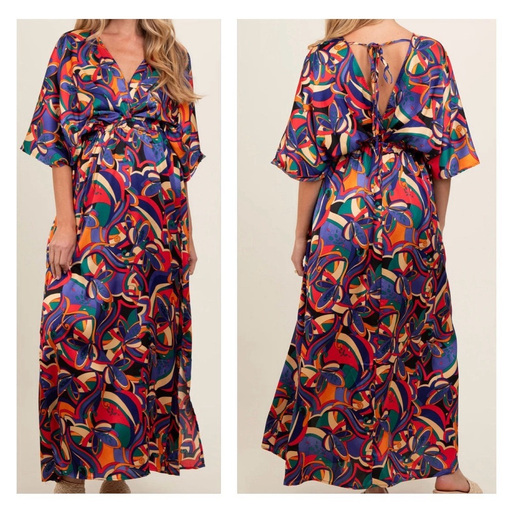 Fab'rik Maxi Dress Kaftan Kimono Sleeve Women's Medium Red Tie Bold Multicolor